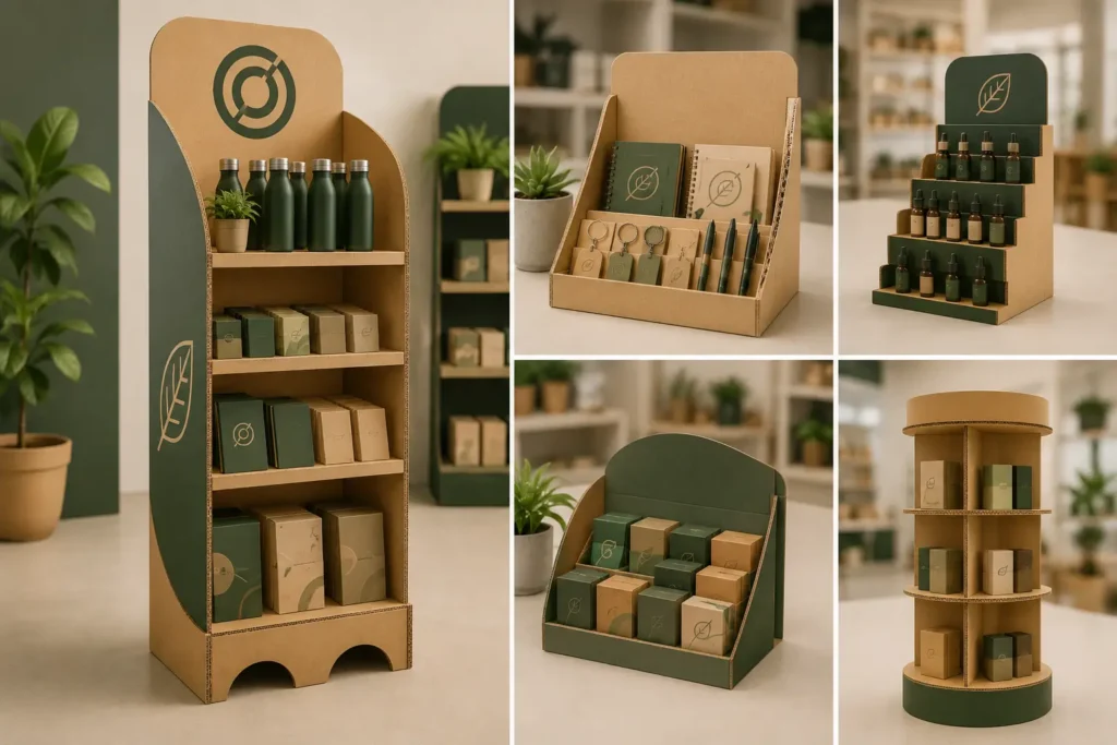 Exhibidores POP sustentables de cartón reciclado para productos en punto de venta, con diferentes formatos de piso, mostrador y display promocional.