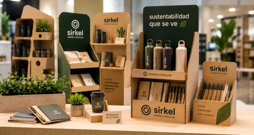 Exhibidores POP sustentables de Sirkel en punto de venta, fabricados en cartón reciclado y personalizados para destacar productos.