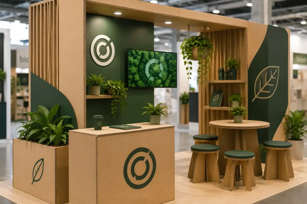Stand sustentable para eventos fabricado con materiales reciclados, mobiliario modular, plantas y gráfica personalizada de marca.