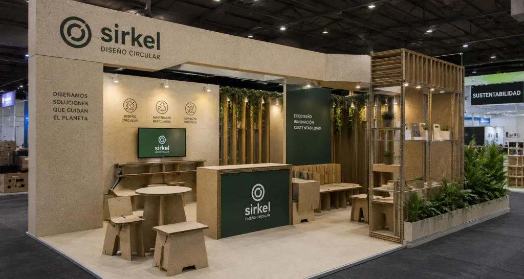 Stand sustentable de Sirkel para eventos, fabricado con materiales reciclados, mobiliario modular, gráfica personalizada y plantas decorativas.
