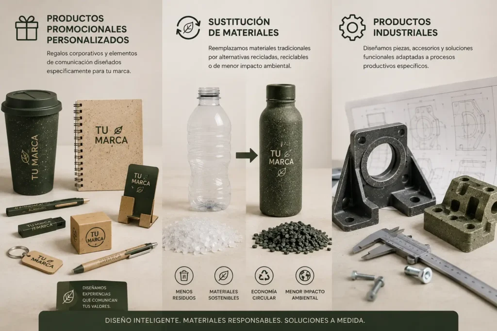 Imagen con tres áreas sobre desarrollo de productos sustentables: productos promocionales personalizados, sustitución de materiales y piezas industriales a medida.