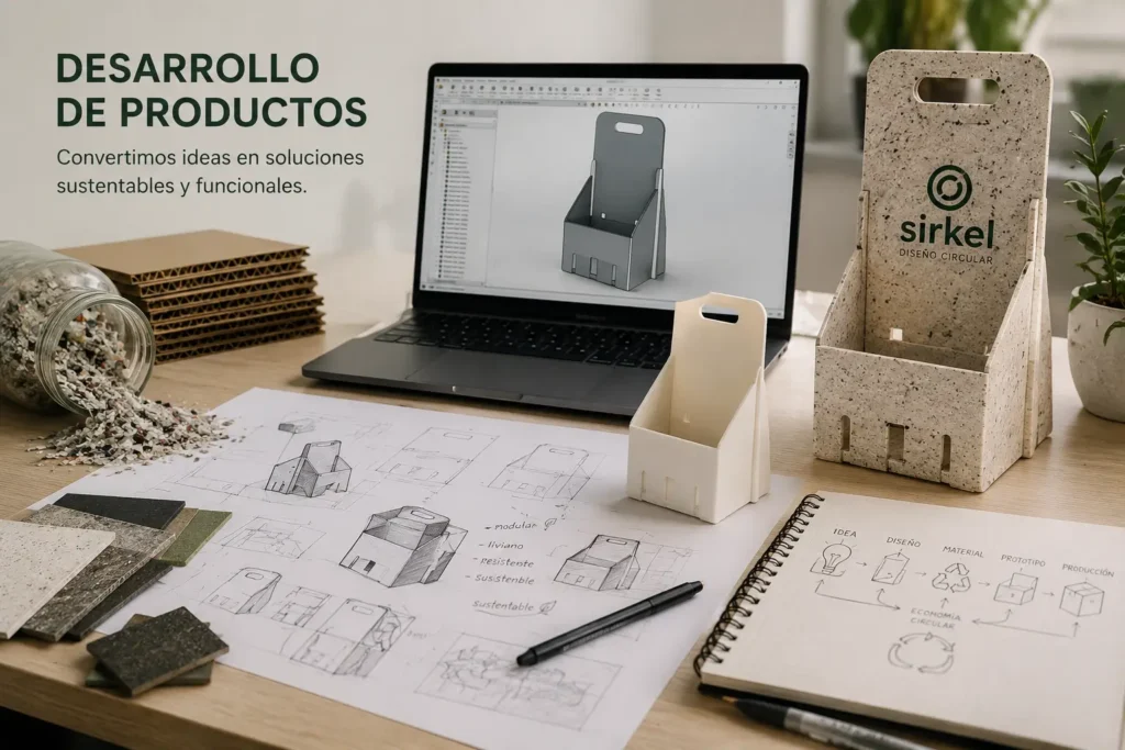 Mesa de trabajo de Sirkel con bocetos, muestras de materiales reciclados, modelo 3D en computadora y prototipo de producto sustentable.